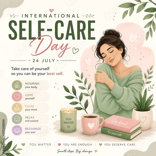 International self-care day awareness poster featuring self-love and wellness