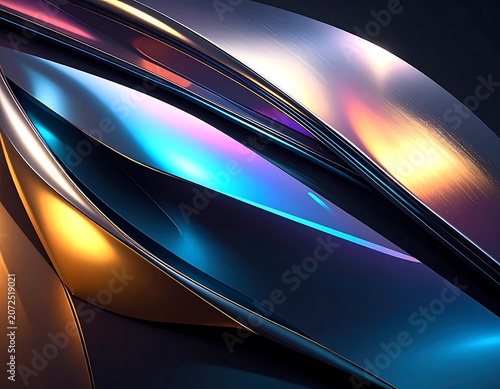Abstract metallic surface with iridescent colors and curved lines