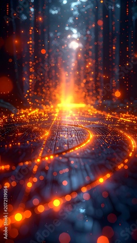 A winding forest path illuminated by glowing orange lights