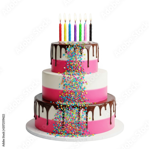 Celebratory birthday cake with colorful candles and sprinkles isolated on transparent background