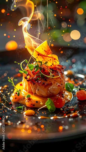 Steaming seafood dish with vibrant garnishes on a plate