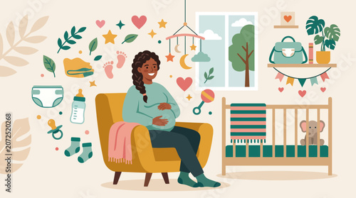 expectant mother sitting in armchair surrounded by baby items.