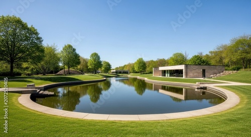 A serene garden scene with a circular pond and a modern building in the background, surrounded by lush greenery and trees.