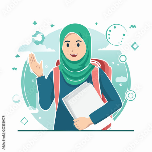Muslim Student Waving Hello with Books and Backpack