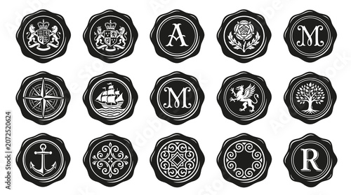 Set of Black and White Wax Seal Icons: Royal Crests, Monograms, Nautical, Heraldic, Decorative