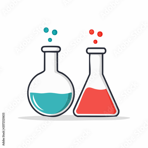 Two laboratory flasks with colored liquids and bubbles