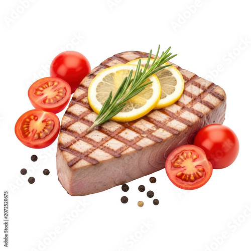Grilled tuna steak with lemon and tomatoes isolated on transparent background