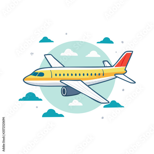 Yellow airplane flying in the sky with clouds