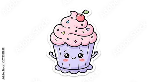 Kawaii Cupcake Character: A charming and cute cupcake illustration with a smiling face, adorned with pink frosting, colorful sprinkles, and a cherry on top. A delightful treat for any occasion.