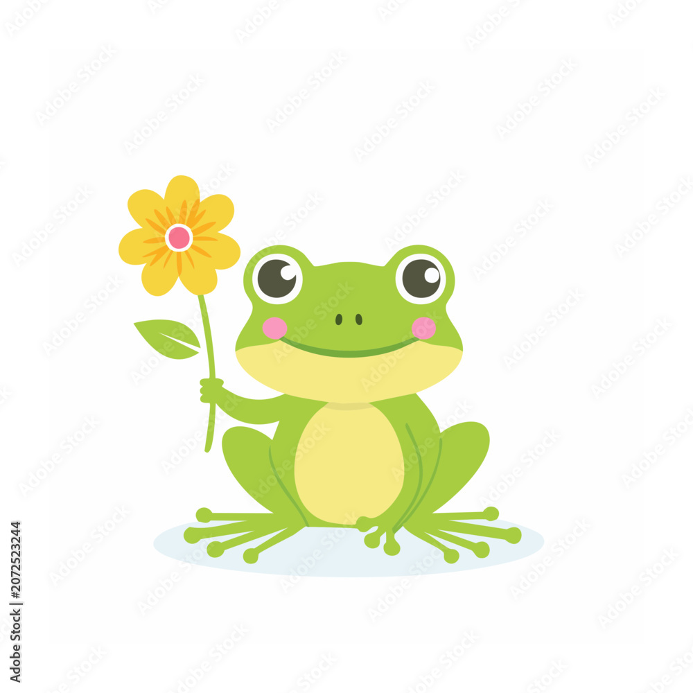 Fototapeta premium Cute cartoon frog with flower and leaf