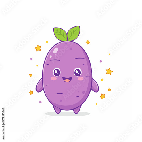 Cute purple cartoon elephant with stars and leaf