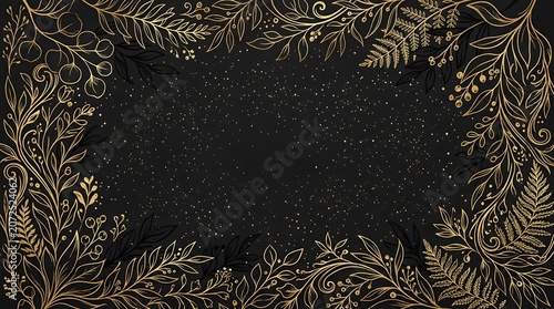 Elegant gold floral frame on black background with glitter particles