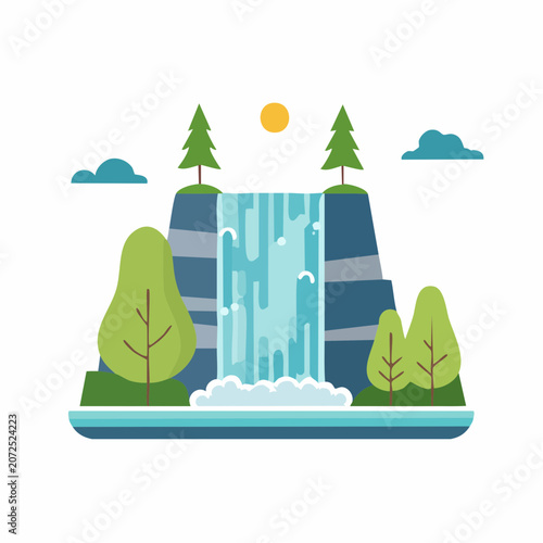Flat illustration of a waterfall with trees and clouds