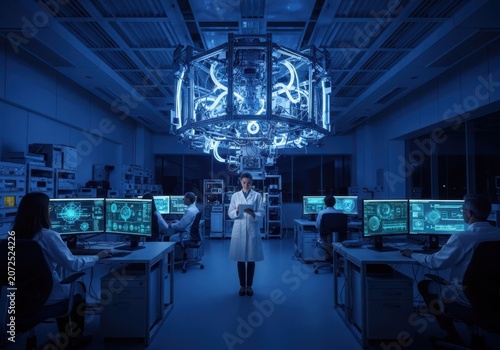 Scientists working in a hightech laboratory with quantum computer