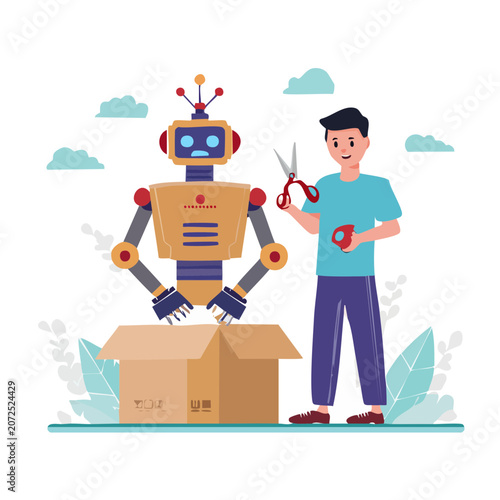 Man and robot with scissors near a cardboard box