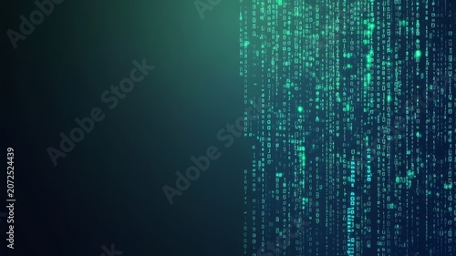Abstract digital background featuring cascading glowing green binary code stream for technology concept design