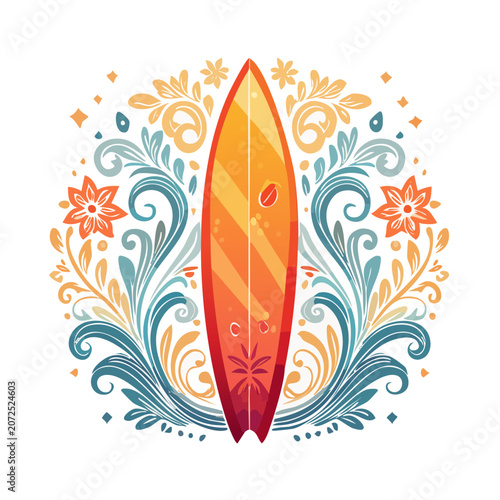 Surfboard with Tropical Floral and Wave Design Vector