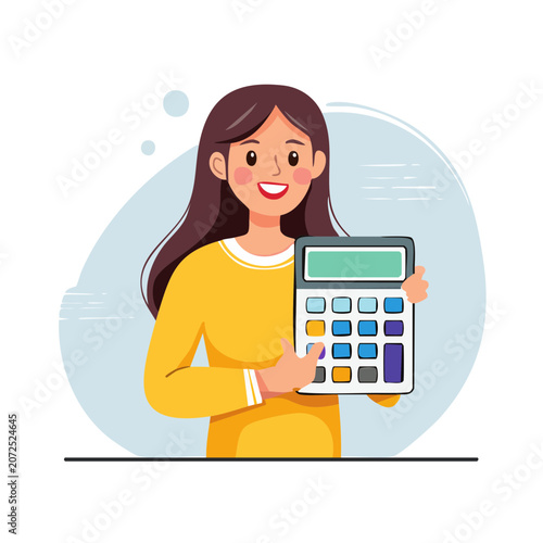 Woman holding calculator flat vector illustration