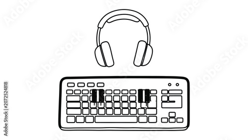 Black and white line art icon of headphones and keyboard