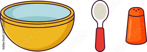 Bild auf Leinwand Kitchen Tableware Vector Element Set Featuring Yellow Soup Bowl White and Red Sp