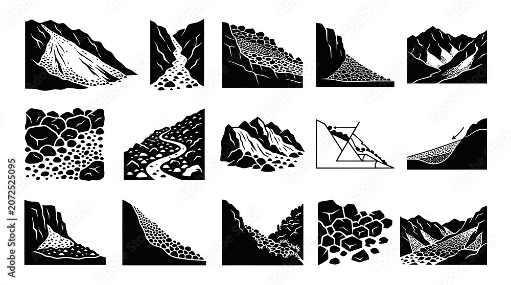 Fototapeta premium Geology Landslides and Rockfalls Black and White Glyph Vector Art Collection of Natural Disaster and Erosion Icons