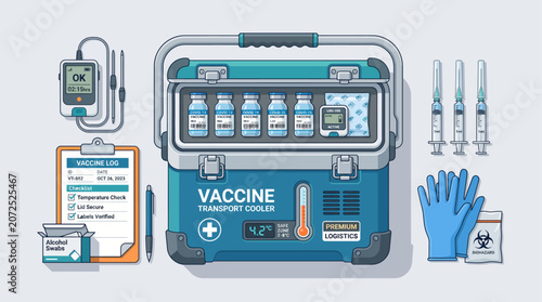 Medical professional stores vaccine doses in portable cooler box with supplies