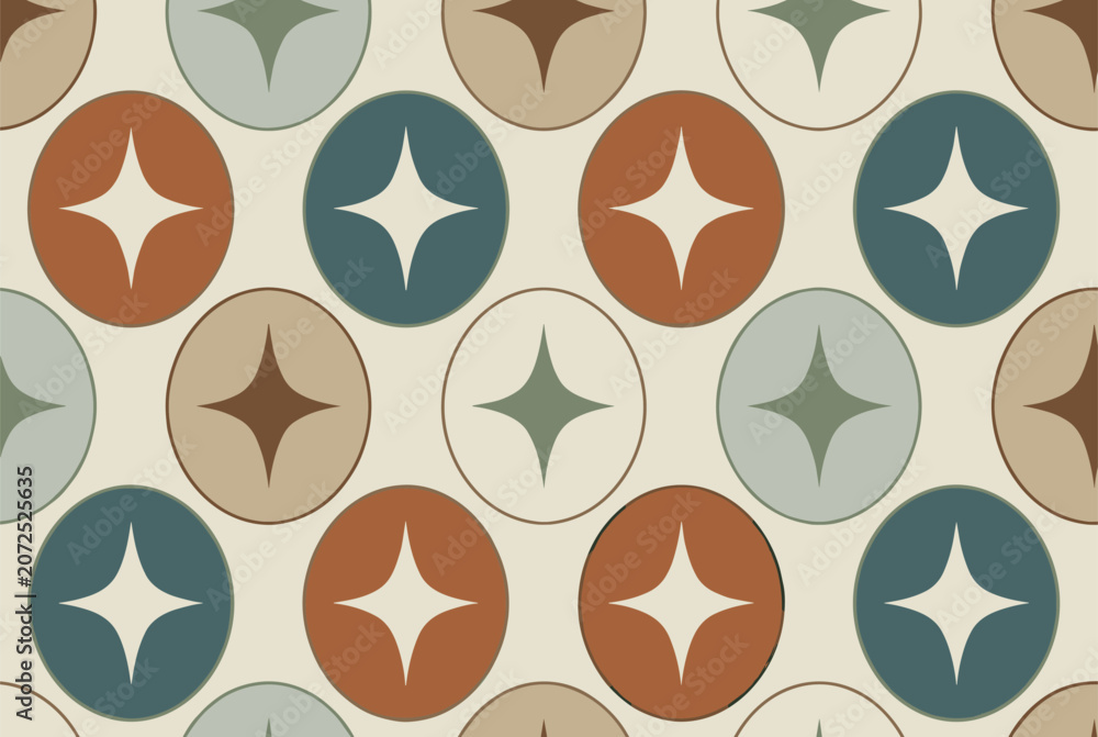 Fototapeta premium Retro mid-century modern seamless pattern featuring abstract circle and star shapes in a muted color palette of teal brown and orange.