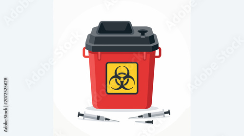 A biohazard waste container with syringes on a clean surface indoors.