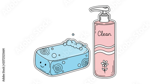 Bar of soap and cleaning bottle doodle illustration