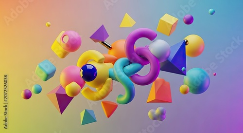 Playful 3D abstract composition with floating geometric shapes.