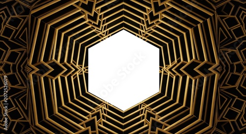 Ornate golden geometric frame with white central hexagon.