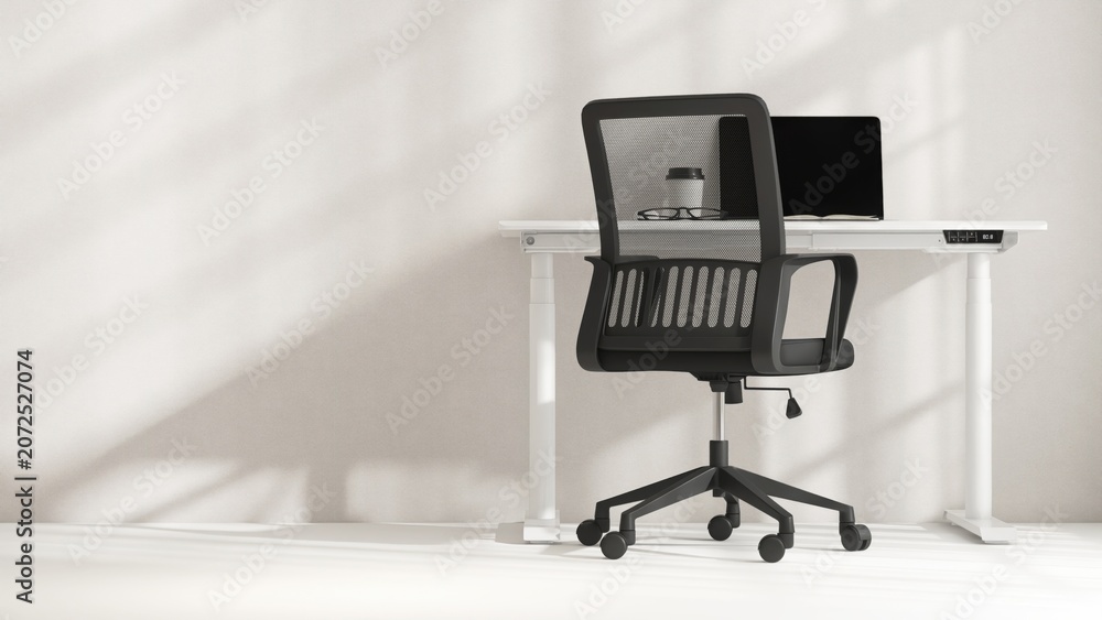 Fototapeta premium Modern, minimal white height adjustable or standing desk with computer laptop and black office chair in sunlight from window for luxury interior design decoration, product background 3D