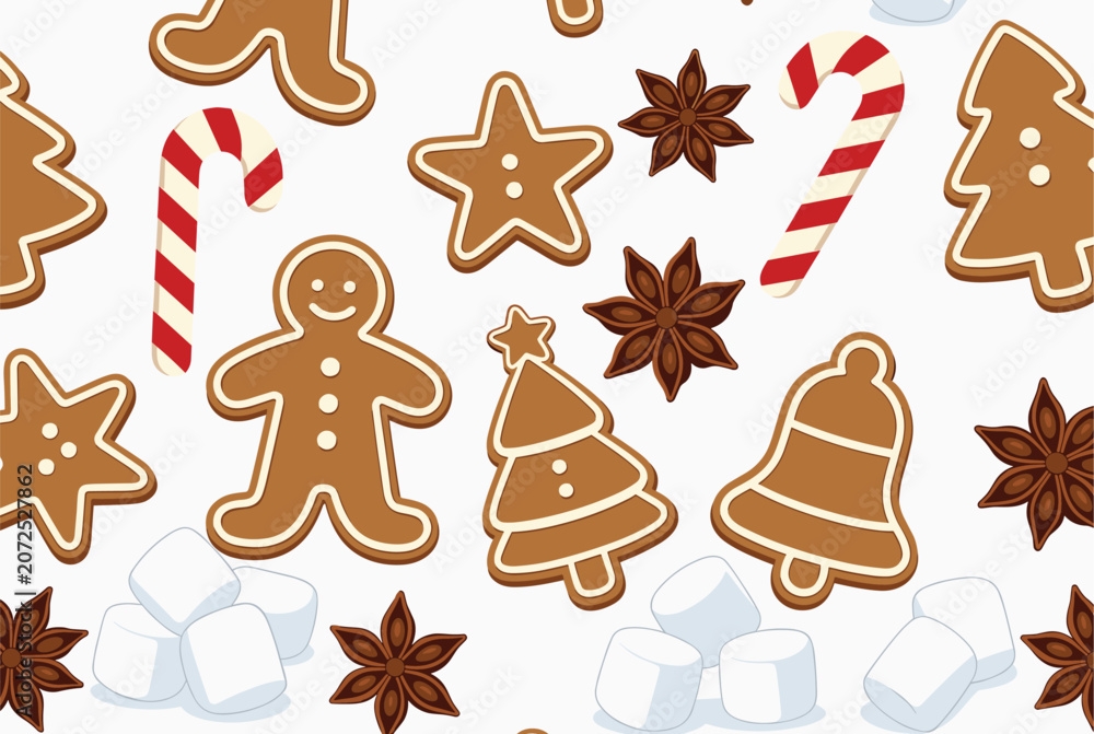 Fototapeta premium Festive seamless pattern with Christmas cookies including gingerbread men, stars, trees, bells, and candy canes with marshmallows.