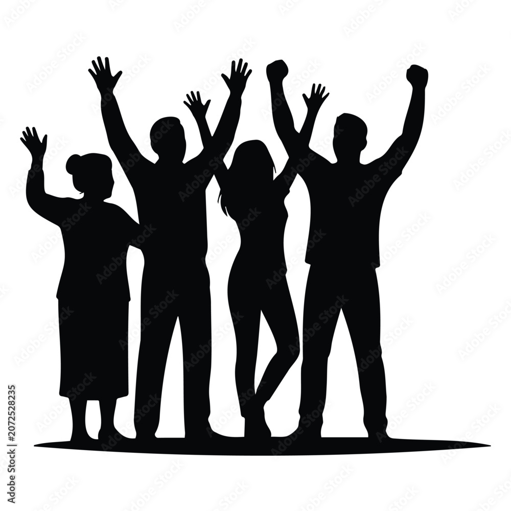 Fototapeta premium Group of four happy people raising their hands in joy silhouette vector illustration isolated.