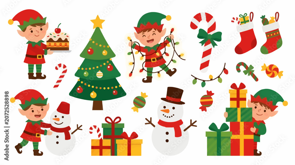 Naklejka premium Cute Flat Design Christmas Elves and Festive Elements, Including Snowman, Tree, Gifts, Candy Canes, and Lights, Vector Illustration
