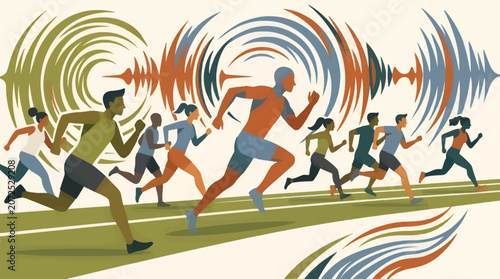 Billede på lærred Diverse Group of Stylized Runners in Motion on a Track with Abstract Soundwave G