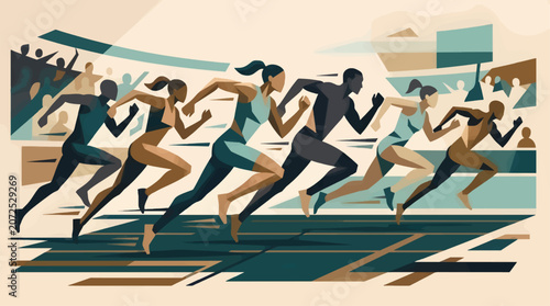 Fotografi Diverse Stylized Runners in Motion on a Track, Abstract Graphic Illustration of