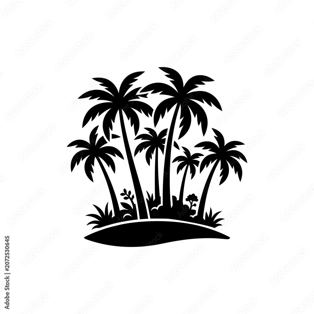Obraz premium Detailed black silhouette of tropical palm trees on small island with lush foliage isolated on white background perfect for summer travel summer holiday beach vacation design icons and branding.
