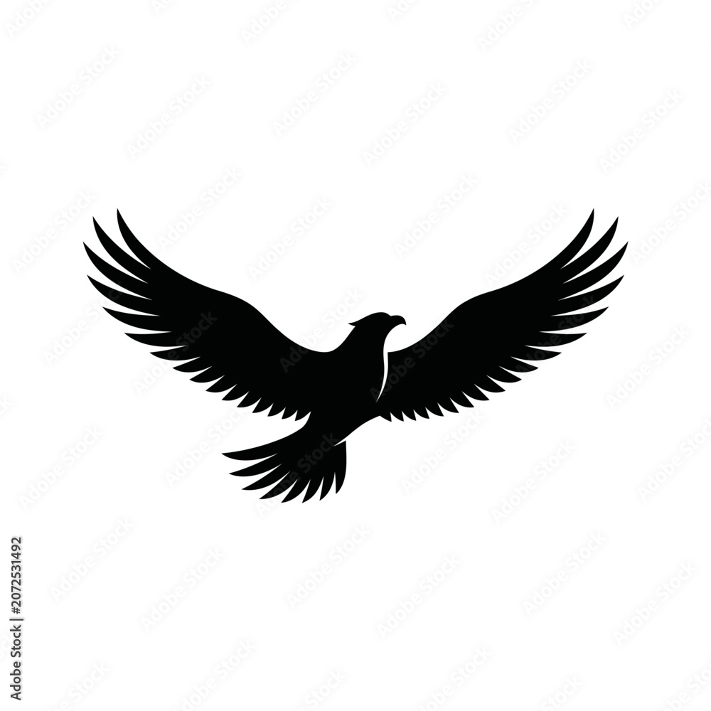 Obraz premium Black eagle, flying bird, wings spread, silhouette icon, vector graphic isolated on White Background