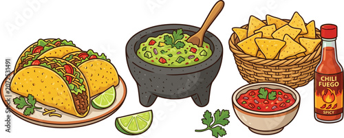 Cuadro en lienzo Mexican Food Vector Set with Hard Shell Tacos, Fresh Guacamole in Molcajete, Tor