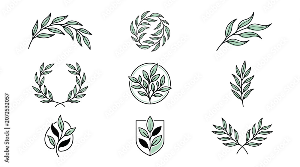Fototapeta premium Collection of various stylized green leaf and branch illustrations, including wreaths and sprigs, suitable for logos or decorative elements.