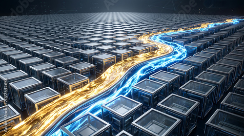 Flowing Liquid Gold and Blue Data Rivers
