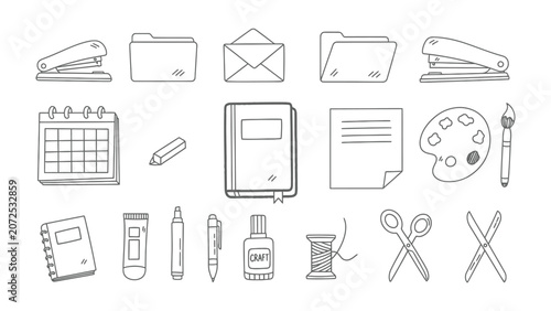 Stationery and office supplies collection sketch with supplies