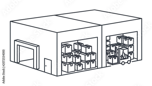Warehouse with forklift loading cardboard boxes sketch style