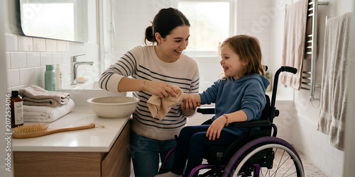 Happy mother helping her smiling daughter in a wheelchair with daily personal hygiene in a modern, accessible bathroom