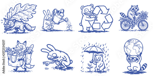 Funny Green Environment Animal Collection with Tree Planting Recycling Eco Shopping and Earth Conservation