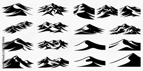 Foto Collection of various mountain and desert dune silhouettes, black and white vector illustrations for nature and adventure designs