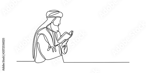 Quadro su tela Continuous one line drawing of an old man with a beard wearing a turban reading
