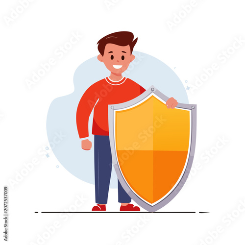 Cartoon man holding a shield, flat vector illustration