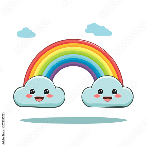 Cartoon Rainbow with Smiling Clouds Vector Illustration